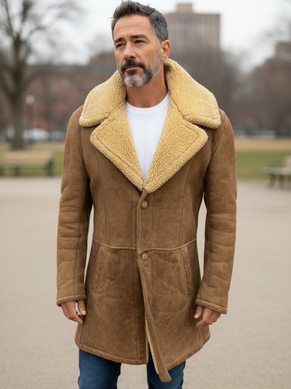 VTG SUEDE LEATHER COAT W SHERPA COLLAR & LINING 2 DEEP POCKETS GORPCORE SZ S
